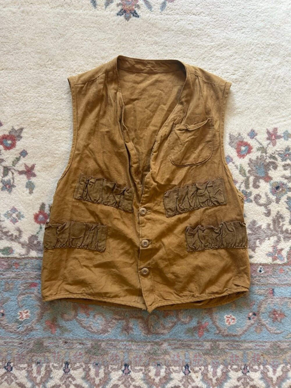 Vintage Brown Canvas Hunting Vest Shell Loops Game Bag Button Front